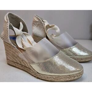 NEW! Gaimo Beige Wedge Espadrilles, Canvas, Ribbon Ankle Tie, Spain, Size 10.5